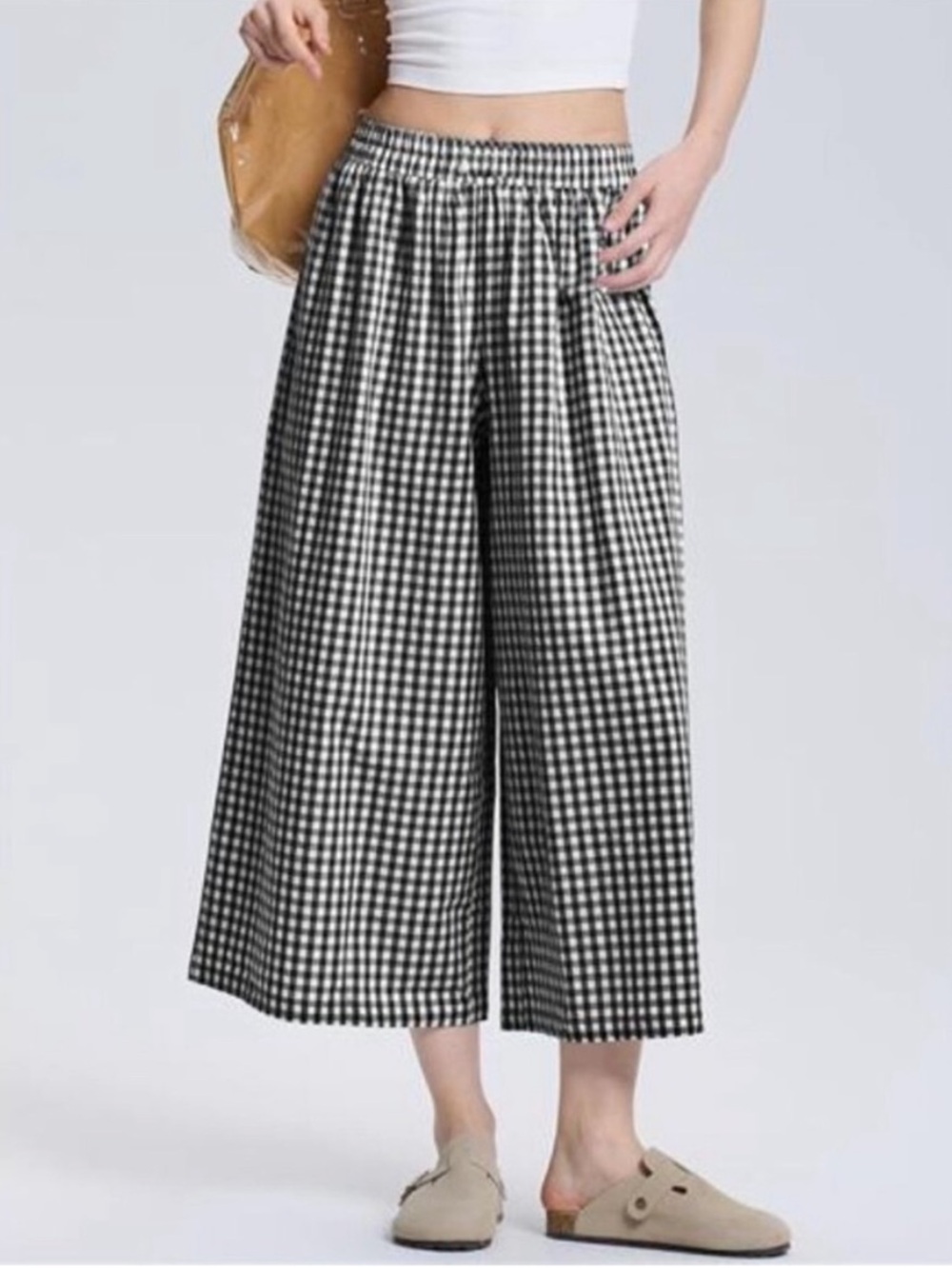 Wide Leg Capri Pants - Black & White Gingham